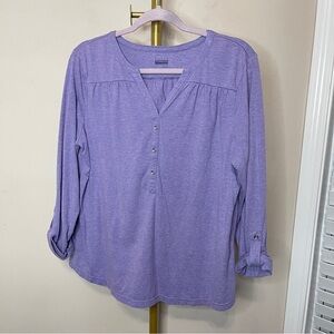BASIC EDITIONS Lavender Roll-Tab Long-Sleeve Split Neck Top, XL